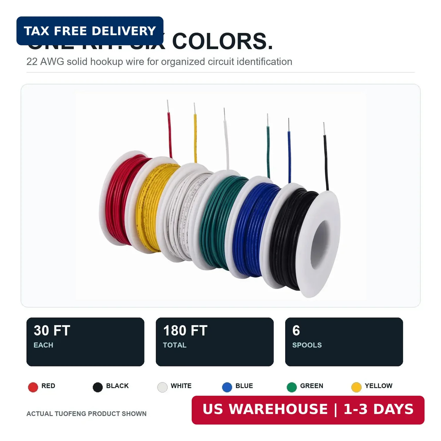 22 AWG Wire Solid Core Hookup Wire, 6 Different Colored Breadboard Wires 30ft Ea