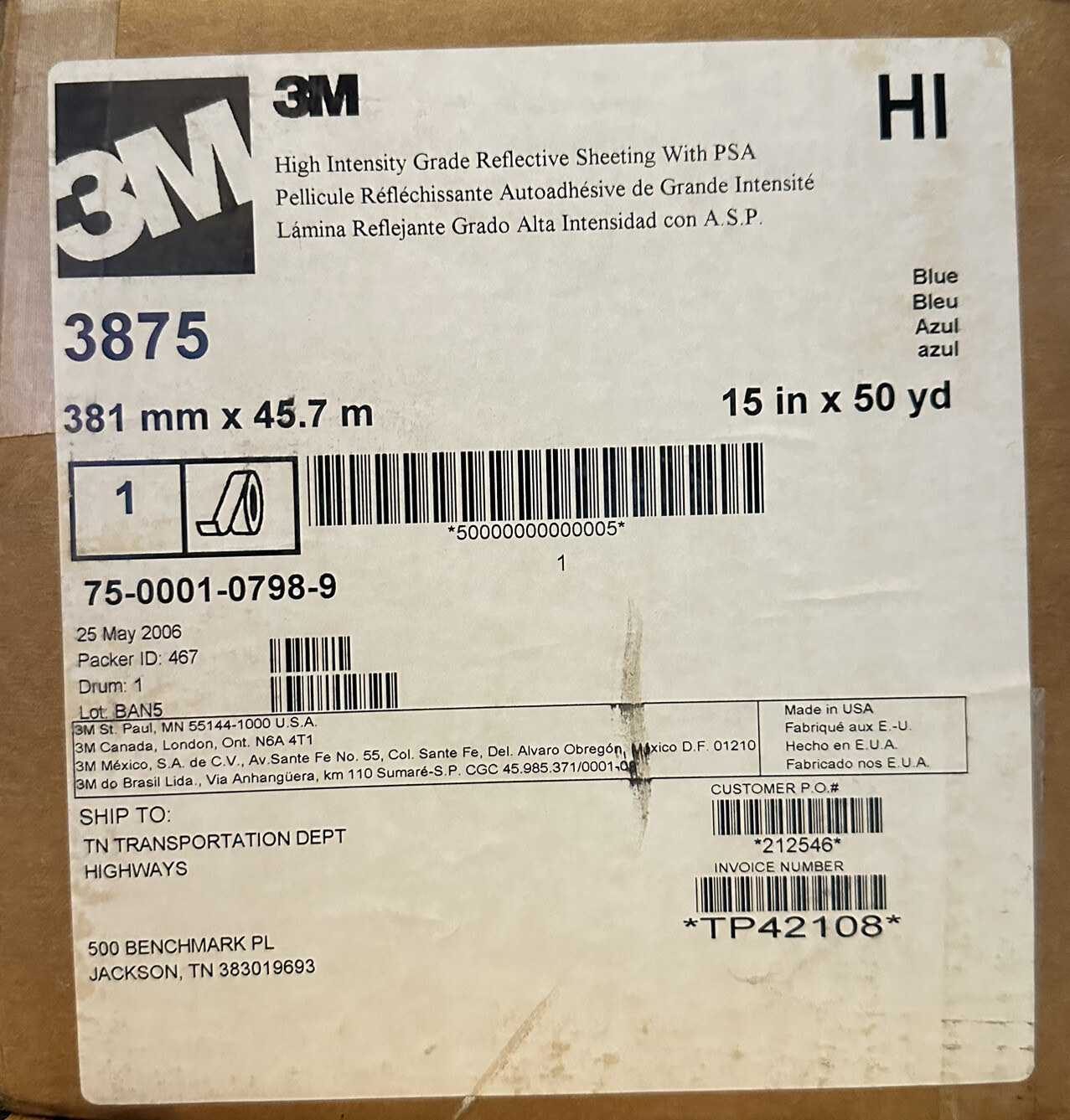 3M 3875 High Intensity Grade Reflective Sheeting PSA Blue 15 in x 50 yd 15″x150′