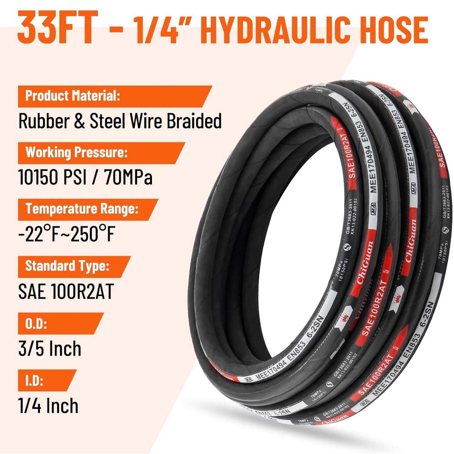 33FT Hydraulic Hose + 16 Fittings Straight & 90° 1/4″ JIC Female & 1/4 NPTF Male