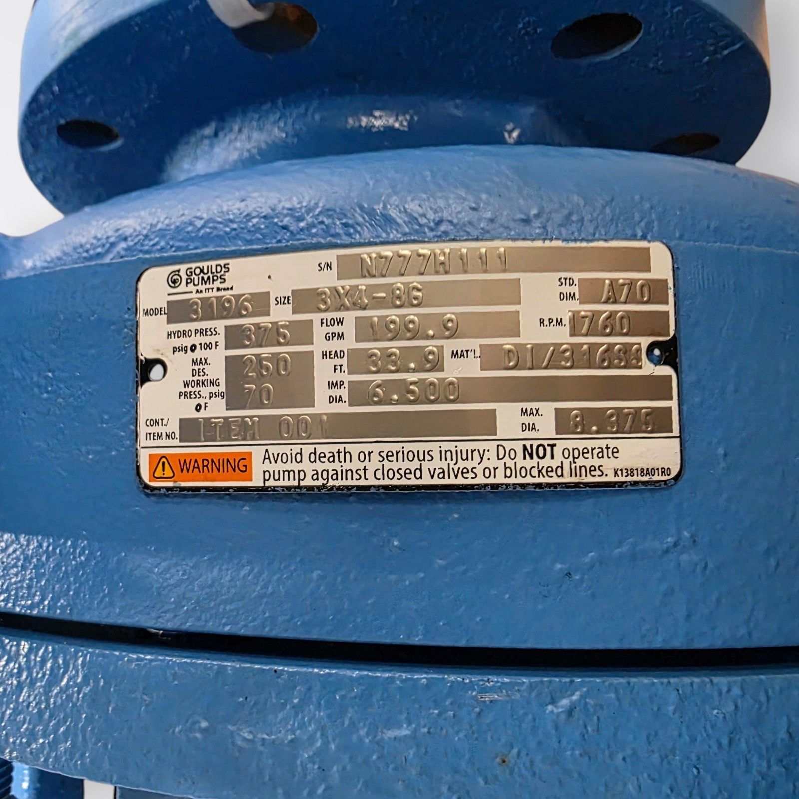 Goulds Pumps 3196 3×4-8G i-Frame Centrifugal Pump w/ 5HP 3-Ph Motor, New Surplus