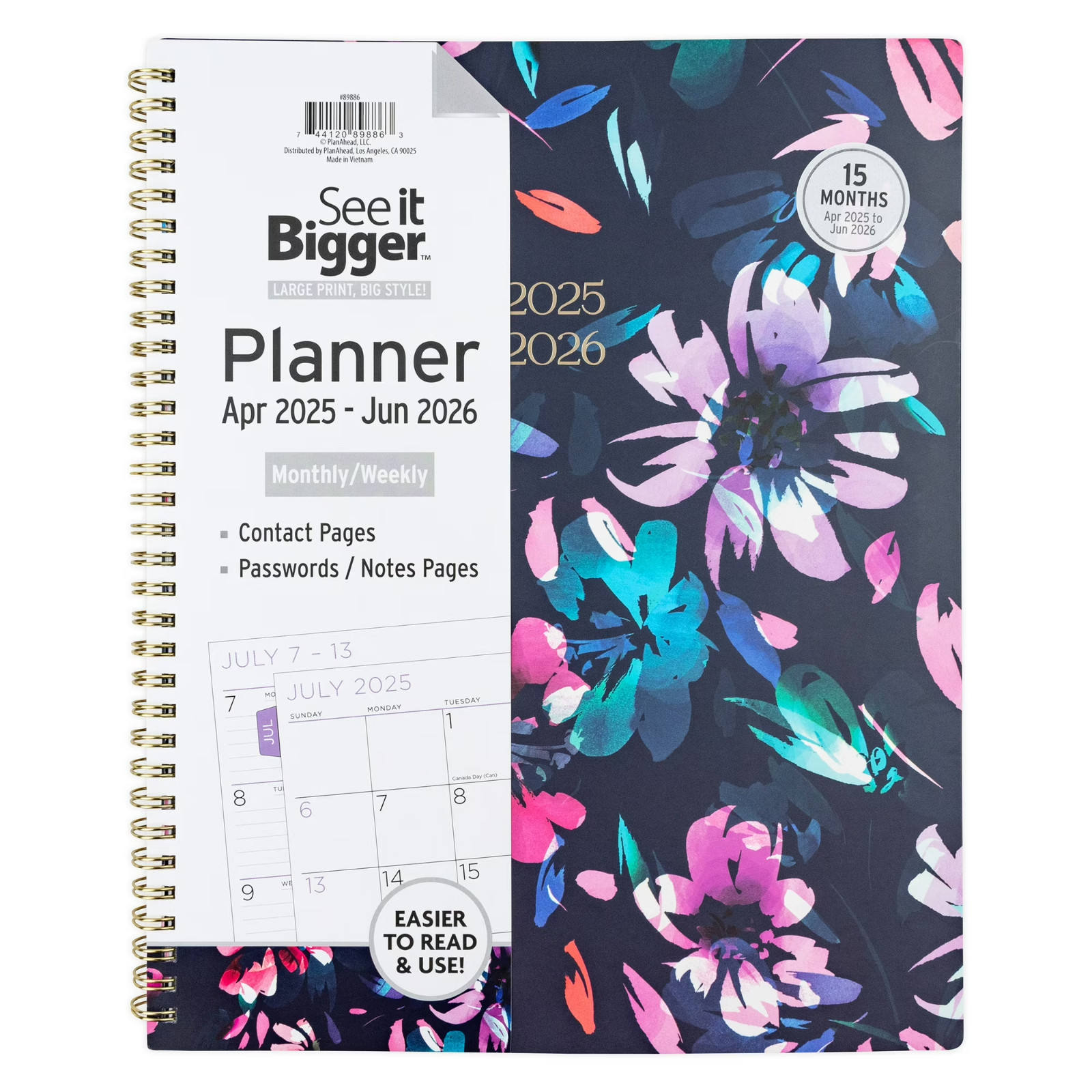 See it Bigger Monthly Weekly Planner Large (9.25″ x 11″) Blue Floral, 15 month