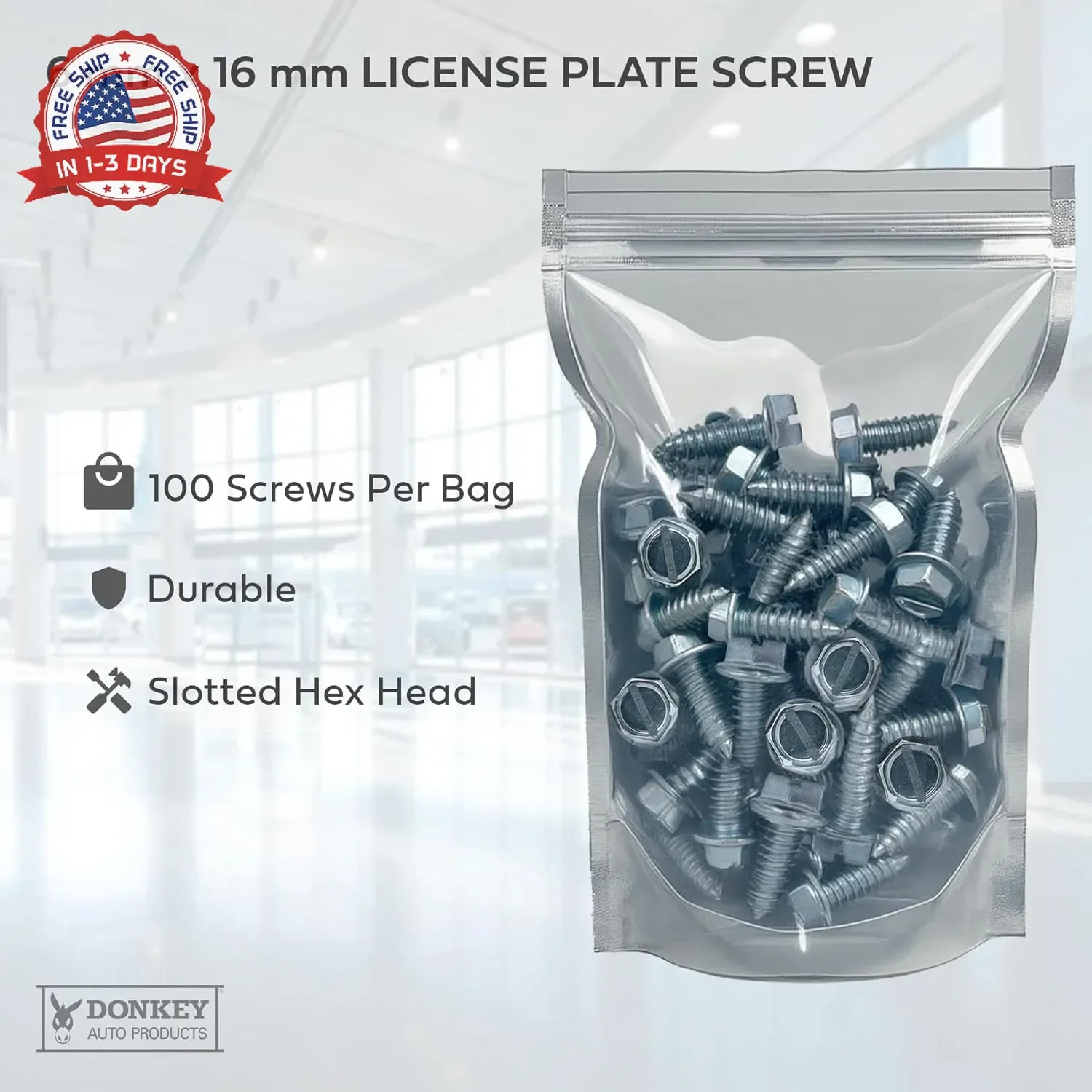 License Plate Screws – Slotted Hex Head – Metric – 6mm x 16mm – For Vehicles (10