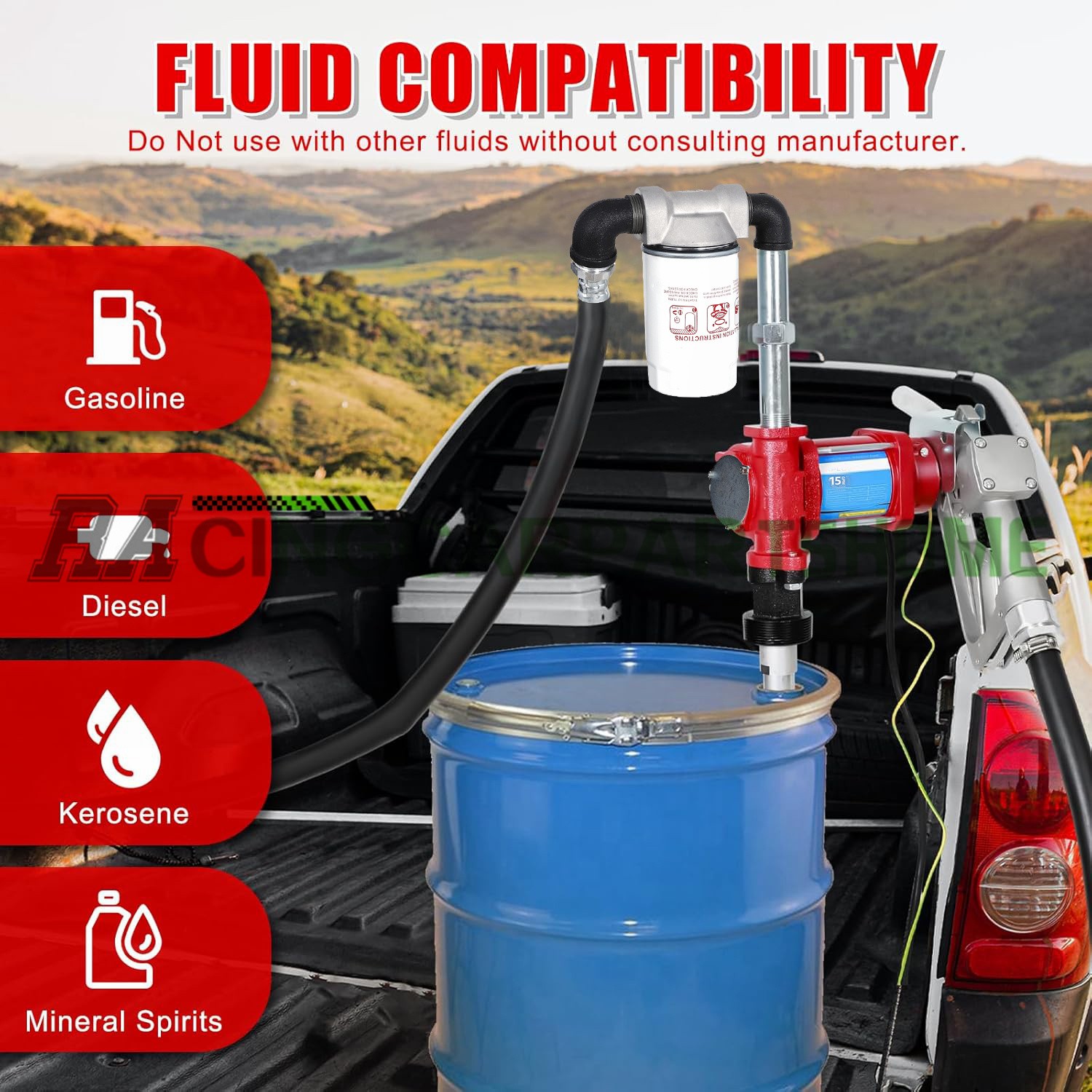12V DC fuel transfer pump Red w/ Nozzle Kit for Gasoline Diesel 15GPM