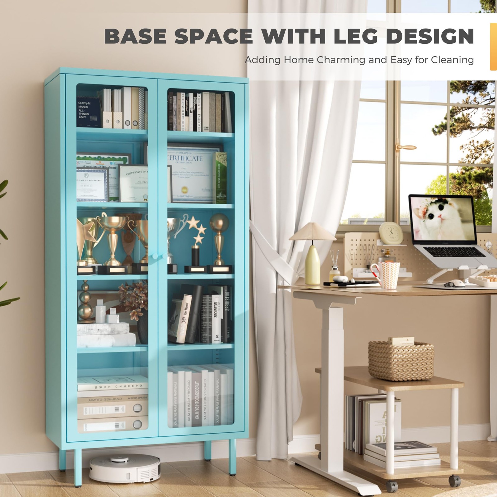 Metal Curio Cabinet Tempered Glass Adjustable Shelves Blue Assembly Required
