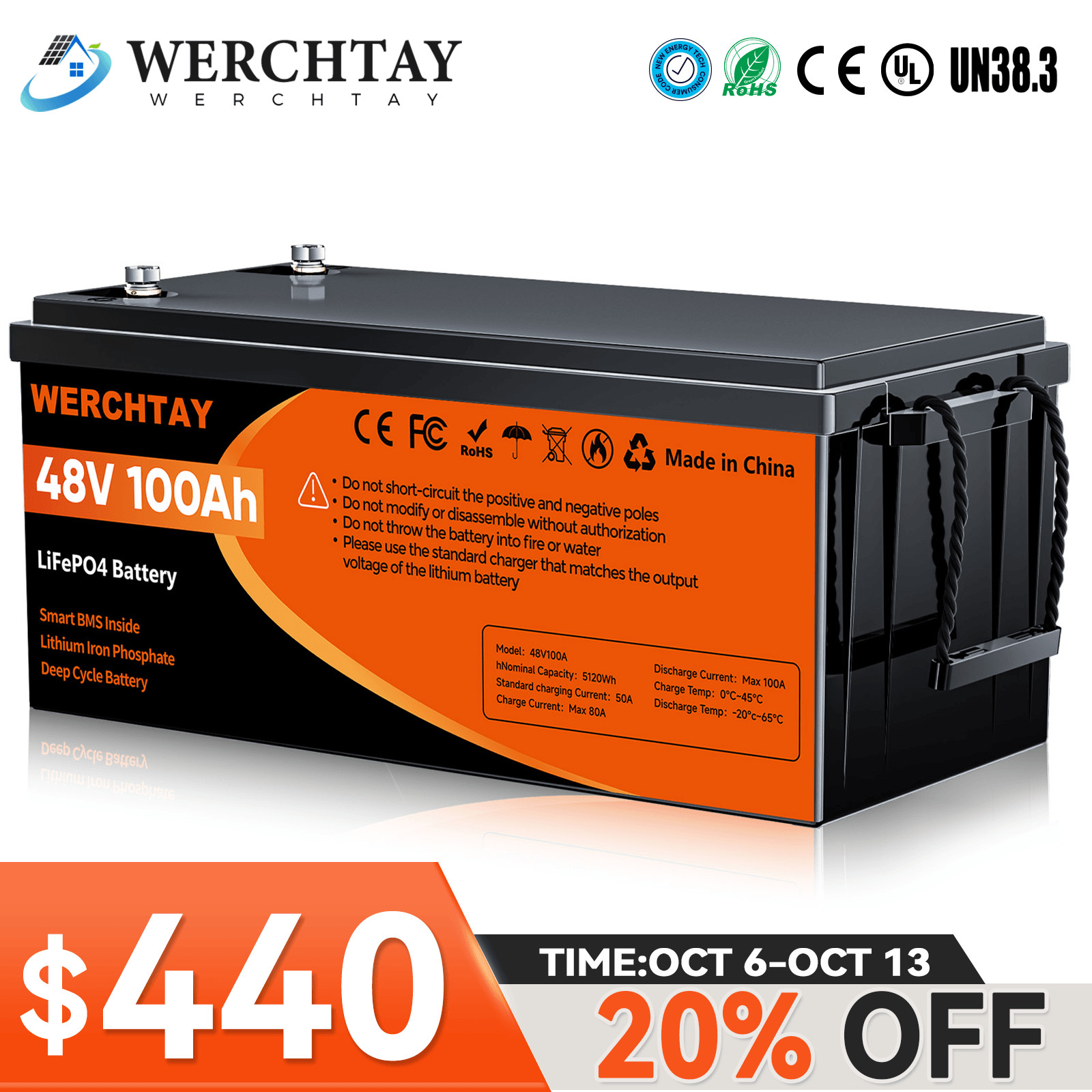 48V 100Ah LiFePO4 Battery with BMS Deep Cycle for Marine Off-Grid Power Golf Car