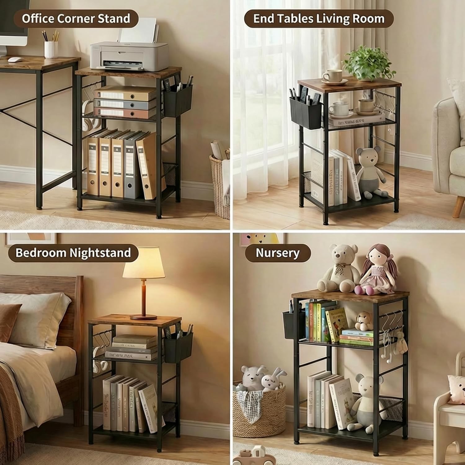 Adjustable 3-Tier Under Desk Printer Stand with Hooks & Basket