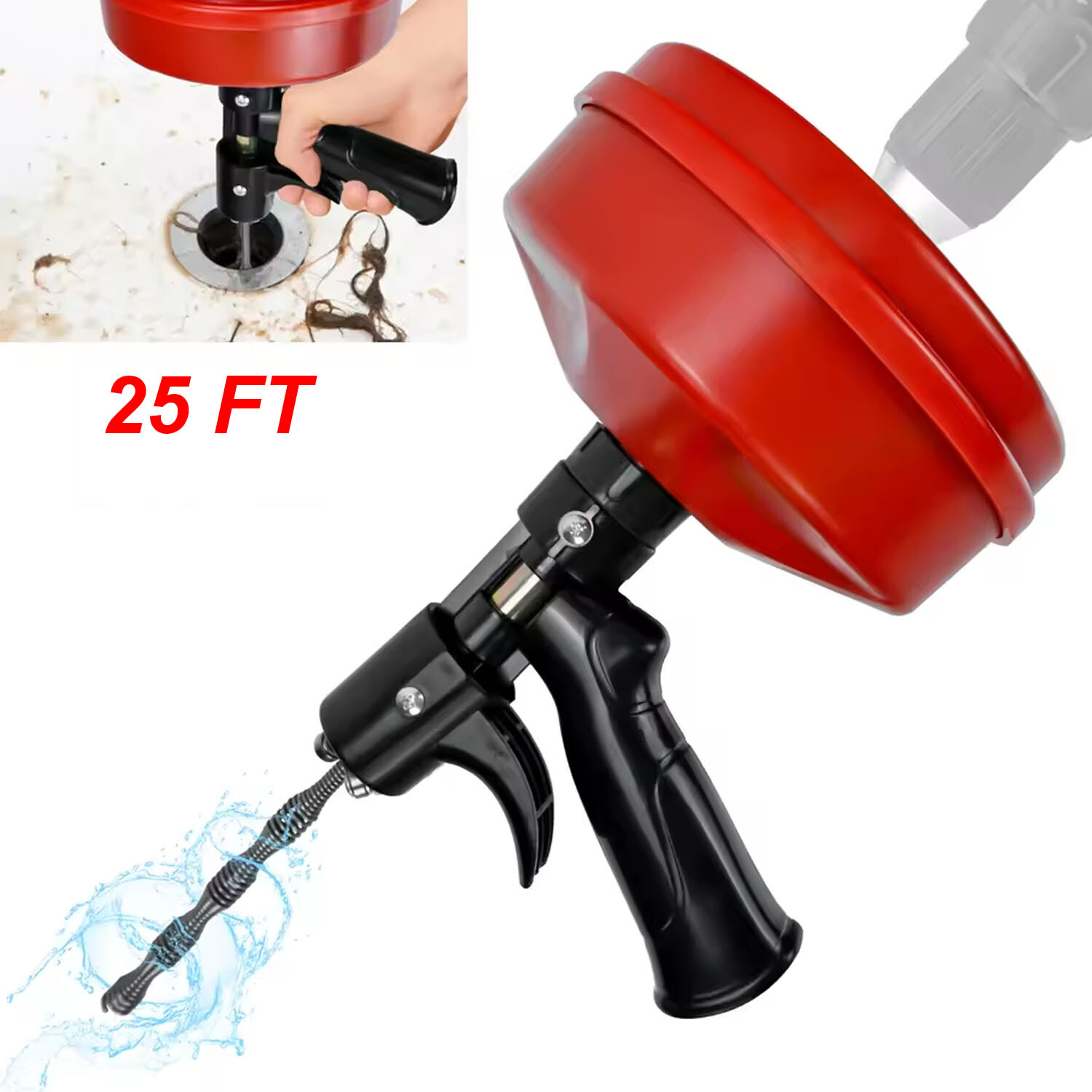 Drain Auger 25ft 1/4in Drum Plumbing Drain Snake Clog Remover Autofeed
