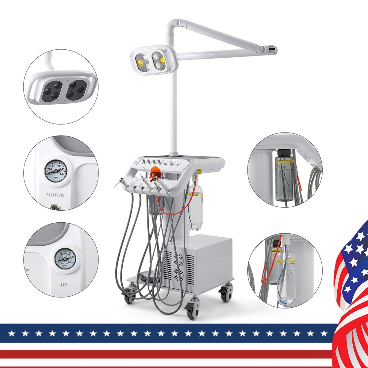 Dental Portable Delivery Unit System Air Compressor Cart /w+ Surgical Lamp Light
