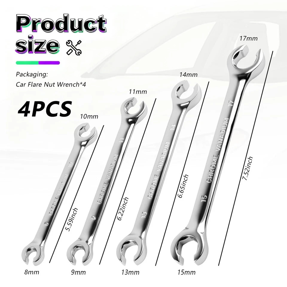 4PCS Carbon Steel Brake Line Wrench Set with 8Mm/10Mm/9Mm/11Mm/13Mm/14Mm/15 Mm/1