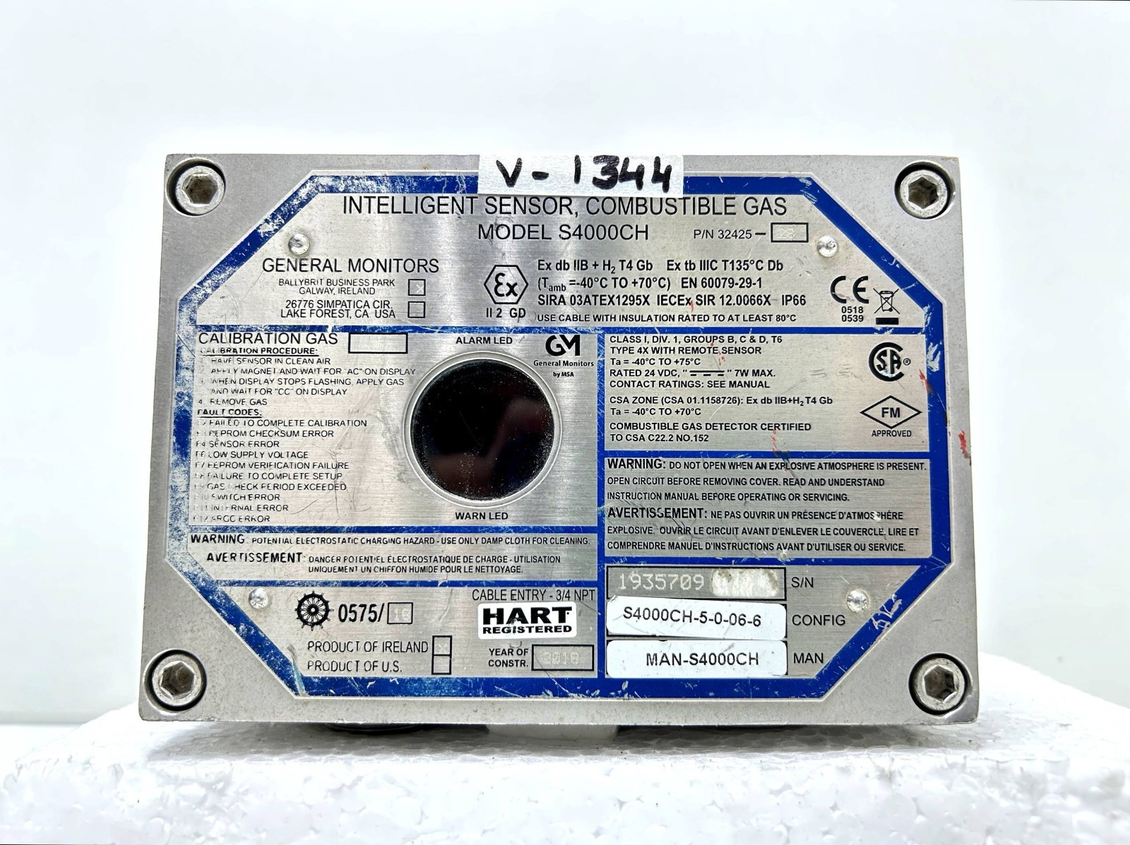 General Monitors S4000CH Combustible Gas Sensor 32425, V#1344 (TESTED)