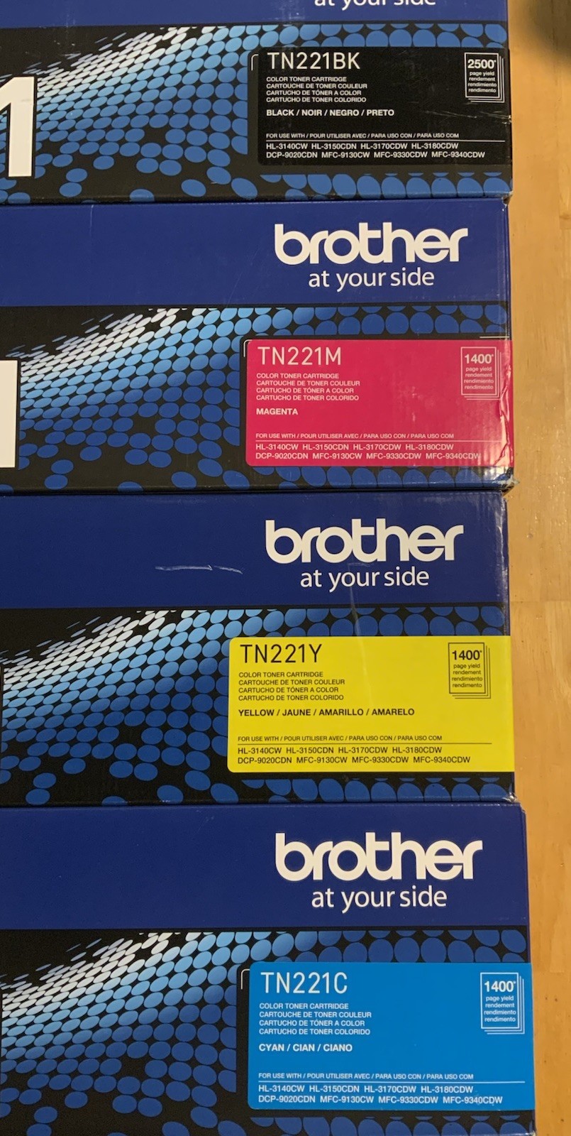 Brother TN221 Toner Set BK/C/M/Y, Genuine, OEM, High Yield, 4-Pack, Sealed