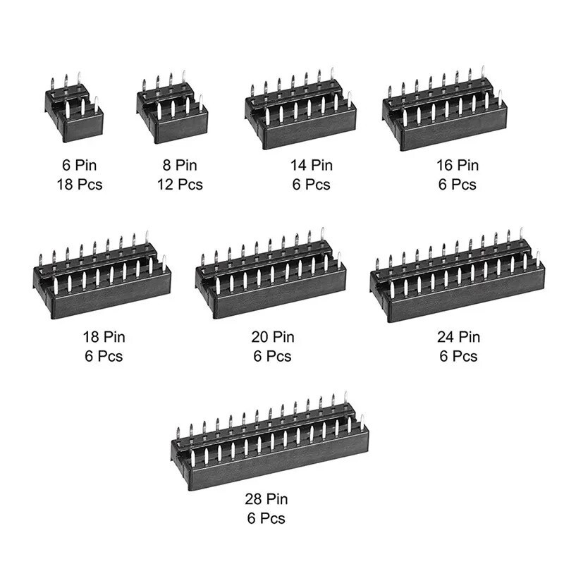 66pcs DIP IC Socket Kit Adapters 6/8/14/16/18/20/24/28 Pin Assortment