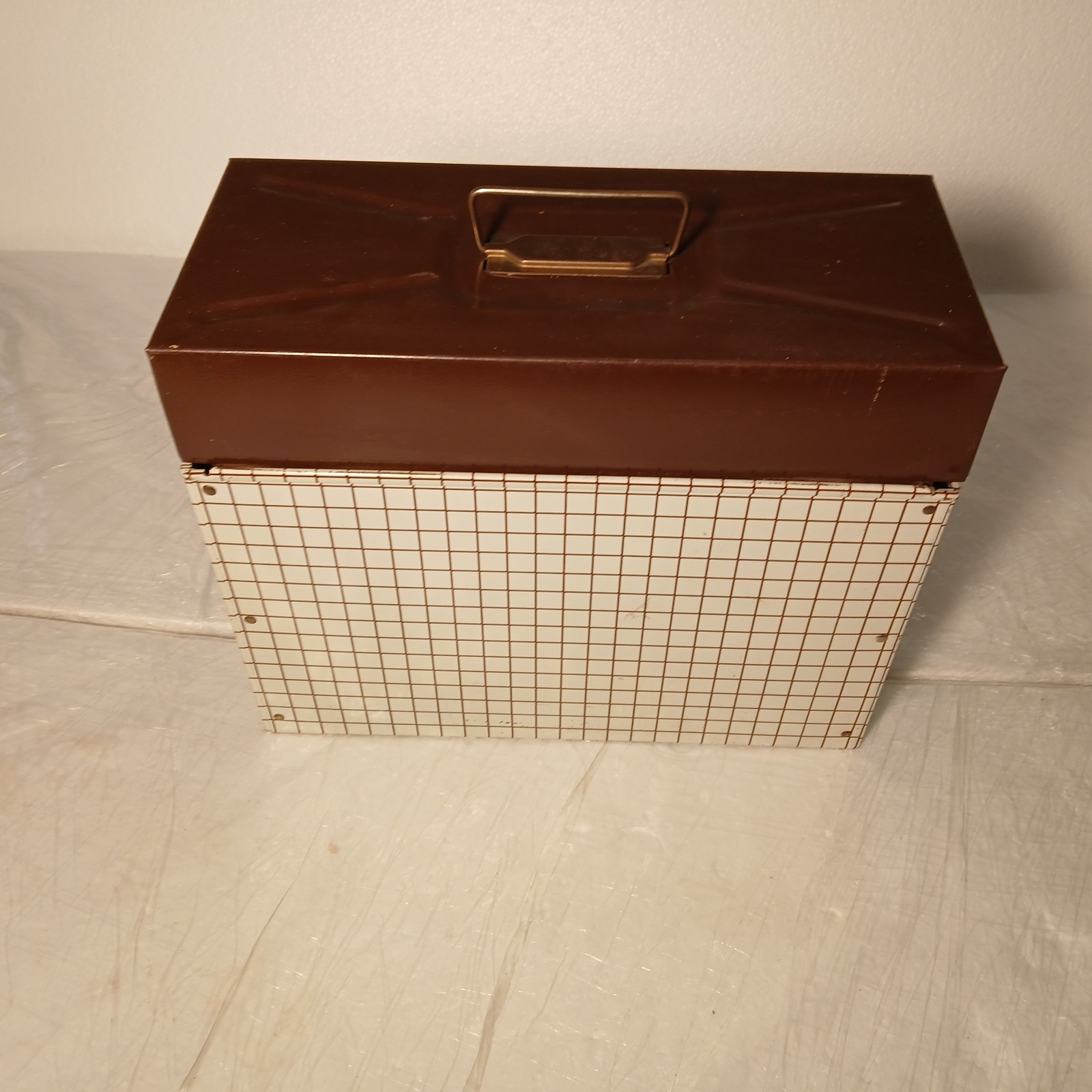 Vtg Ballonoff Porta File Metal Storage Record Box Brwn Grid Graph Pattern No Key