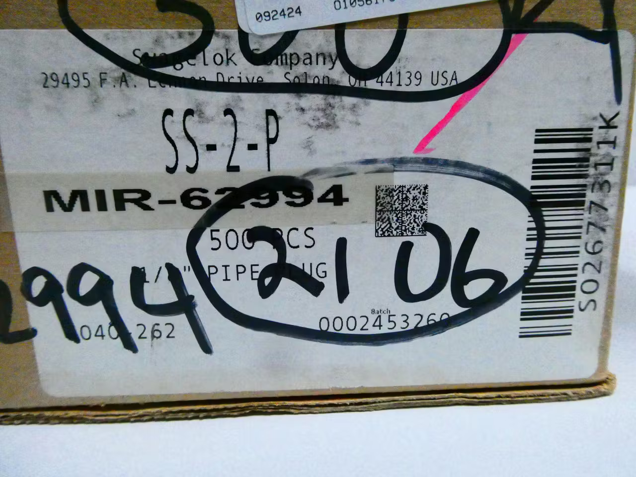 Box Of 500 Swagelok SS-2-P Stainless Pipe Plug 1/8in Npt