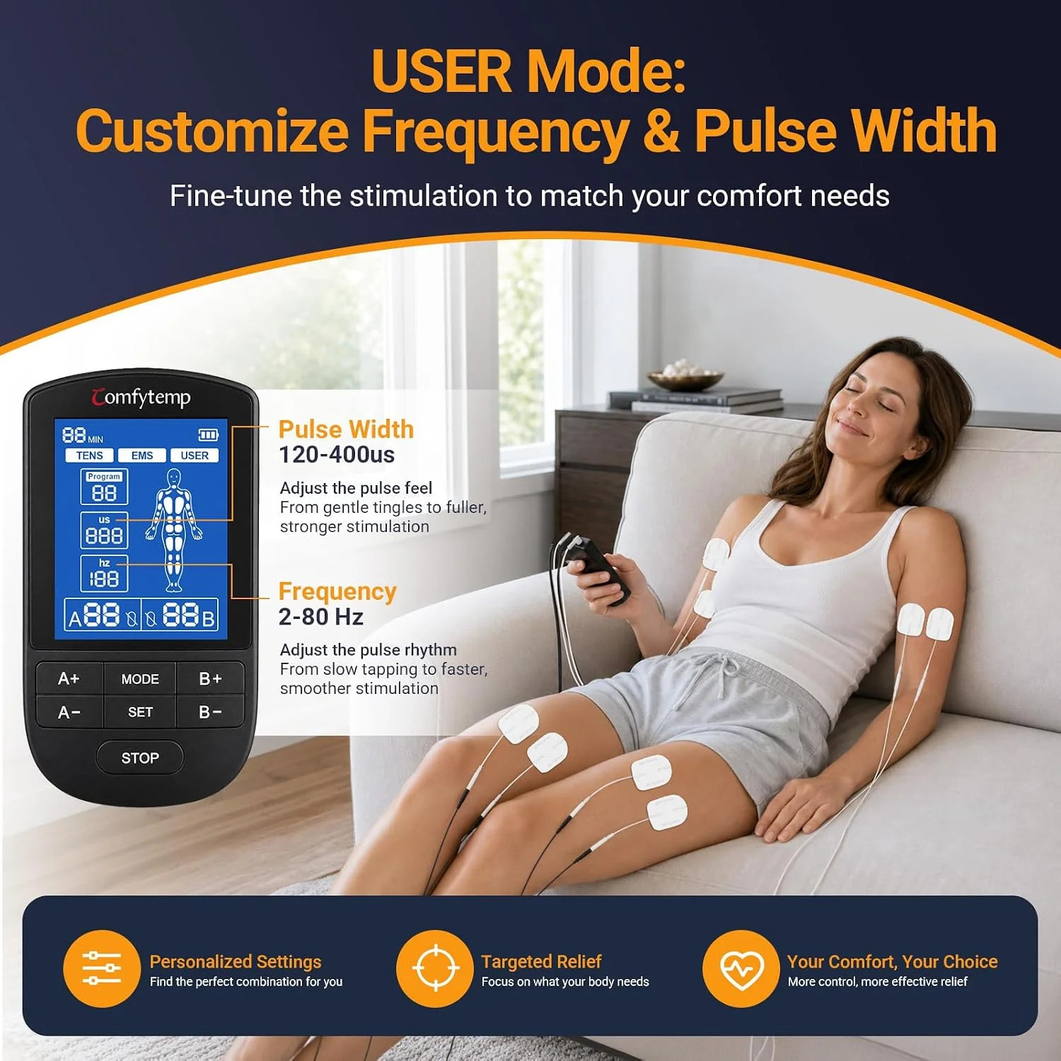 Comfytemp 4 Outputs TENS Unit for Cover Multiple Parts, TENS Unit Muscle Stimula