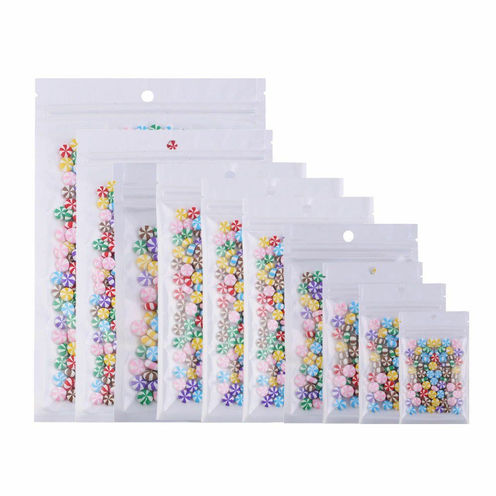 Many Different Sizes for 100 Flat Clear/White Resealable Bags w/ Hang Hole