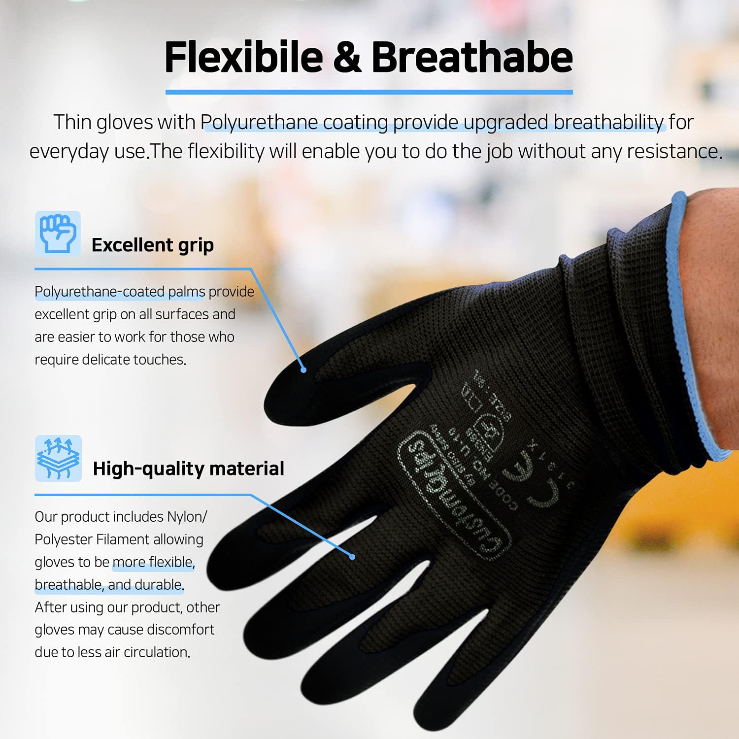 CustomGrips Cut Resistant Work Gloves, Black Nylon Liner, Ultra-Thin Breathable