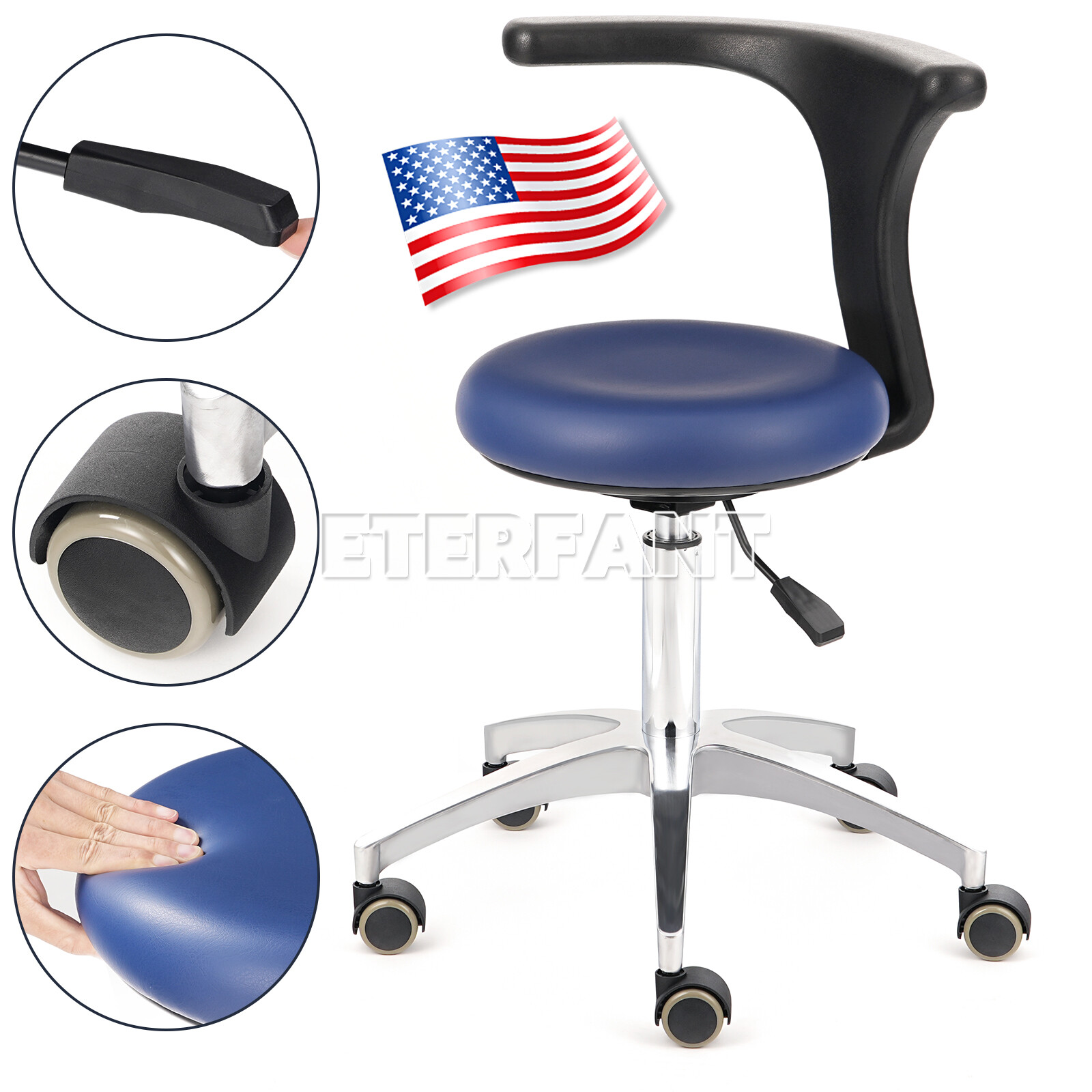 ETERFANT Dental Adjustable Mobile Chair Doctor Assistant Stool PU Leather Blue