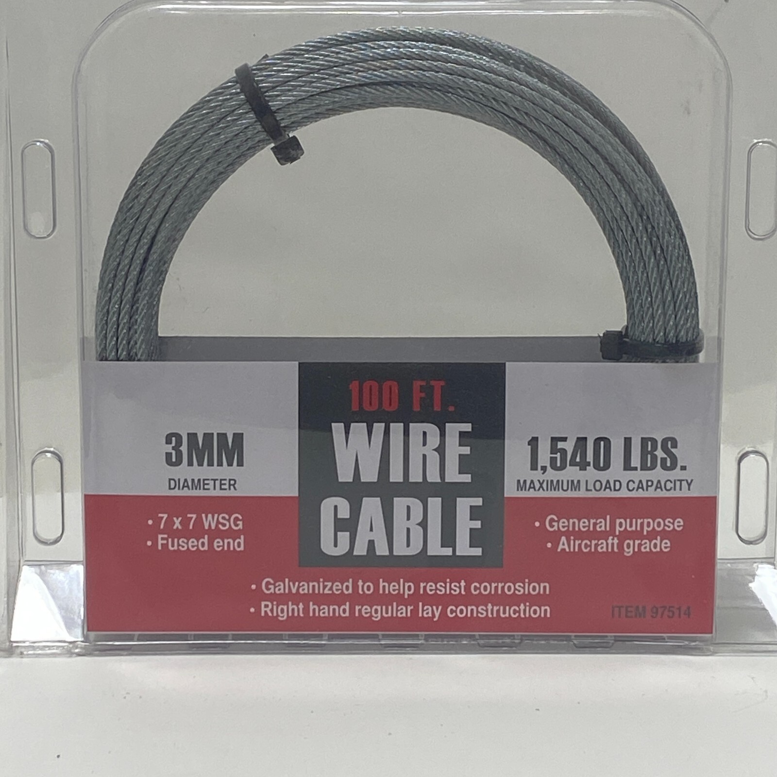 Galvanized Metal 100 Foot 3mm (1/8″) Wire Cable 1,540 lbs Aircraft Grade Fused