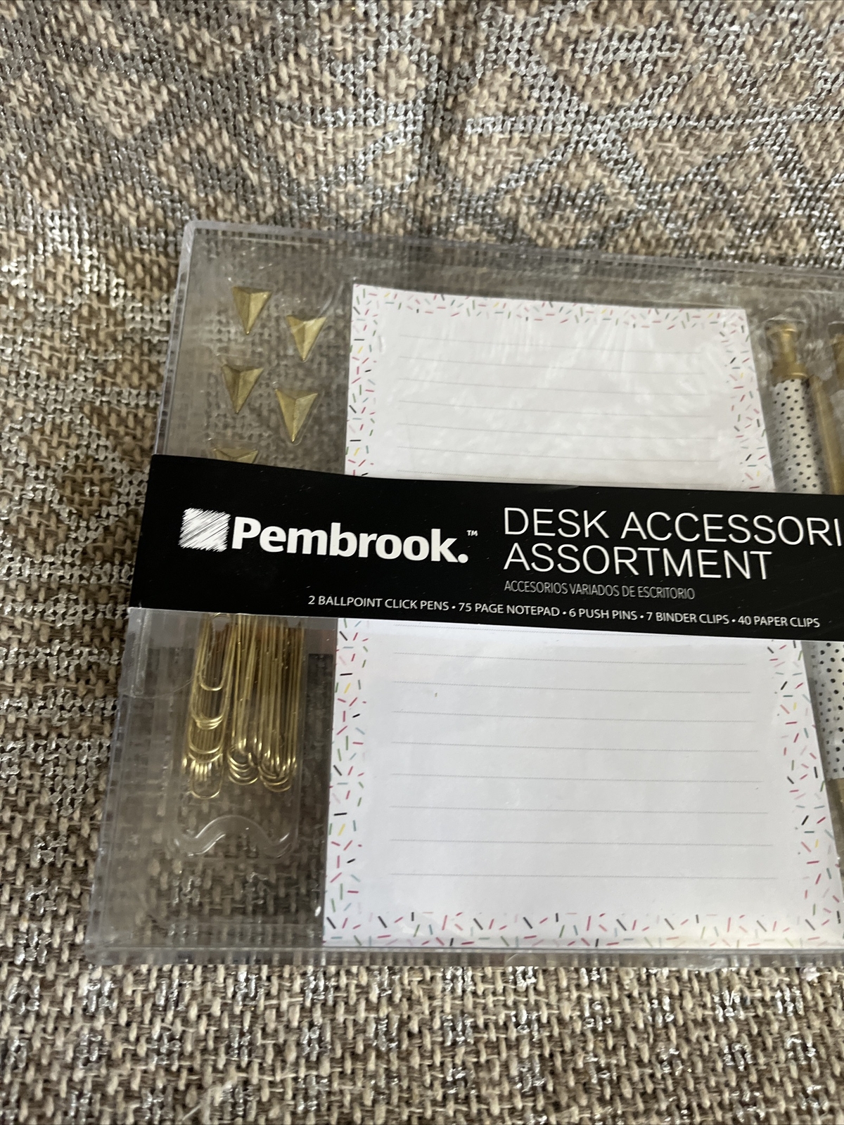 Pembrook Desk Accessories Assortment Ballpoint Pens, Notepad, Pins, Binder Clip