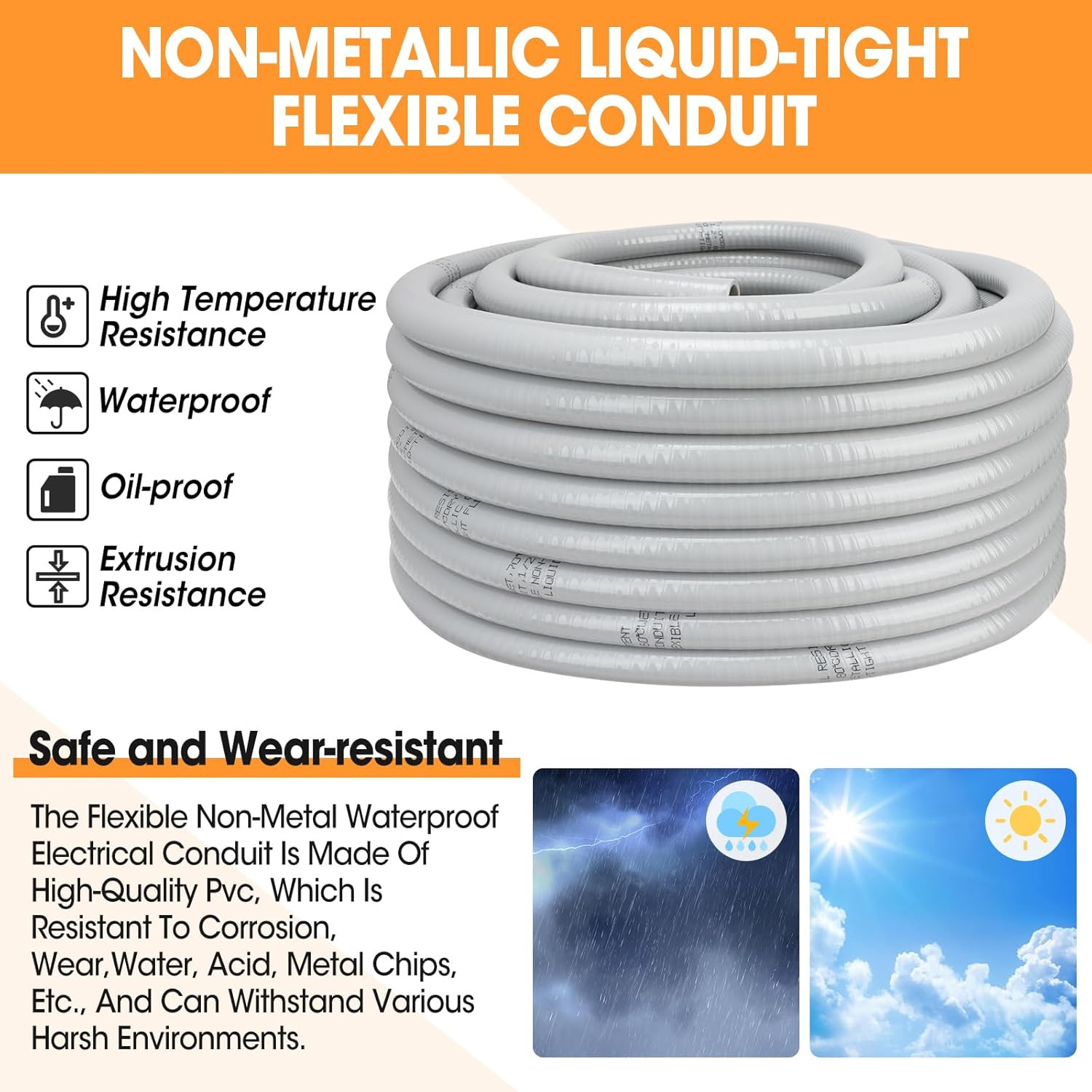 100FT Liquid-Tight Conduit and Connector Kit, 1/2 Flexible Non Metallic Electric