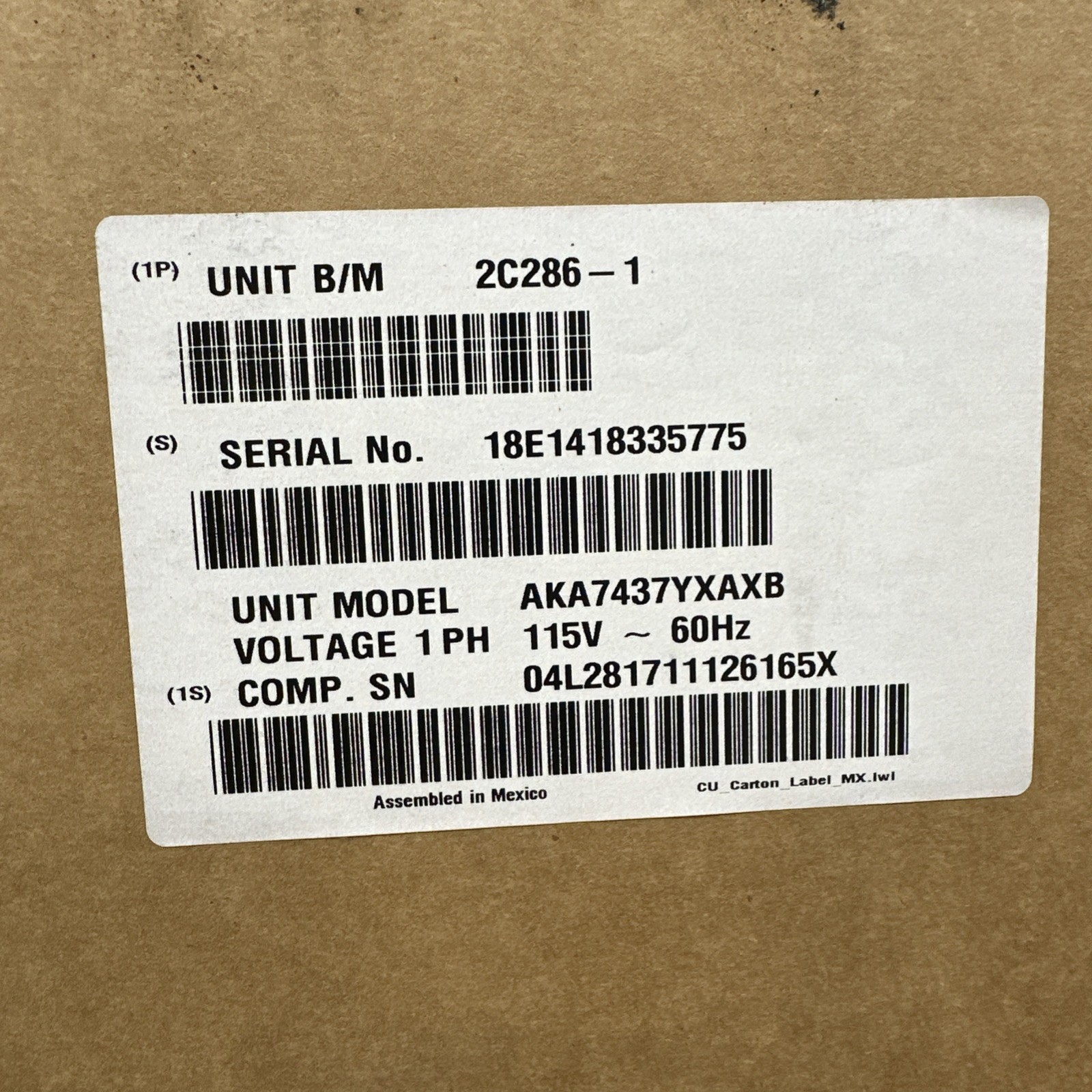 Tecumseh AKA7437YXAXB 2C286-1 Compressor/Condensing Unit V115~60Hz