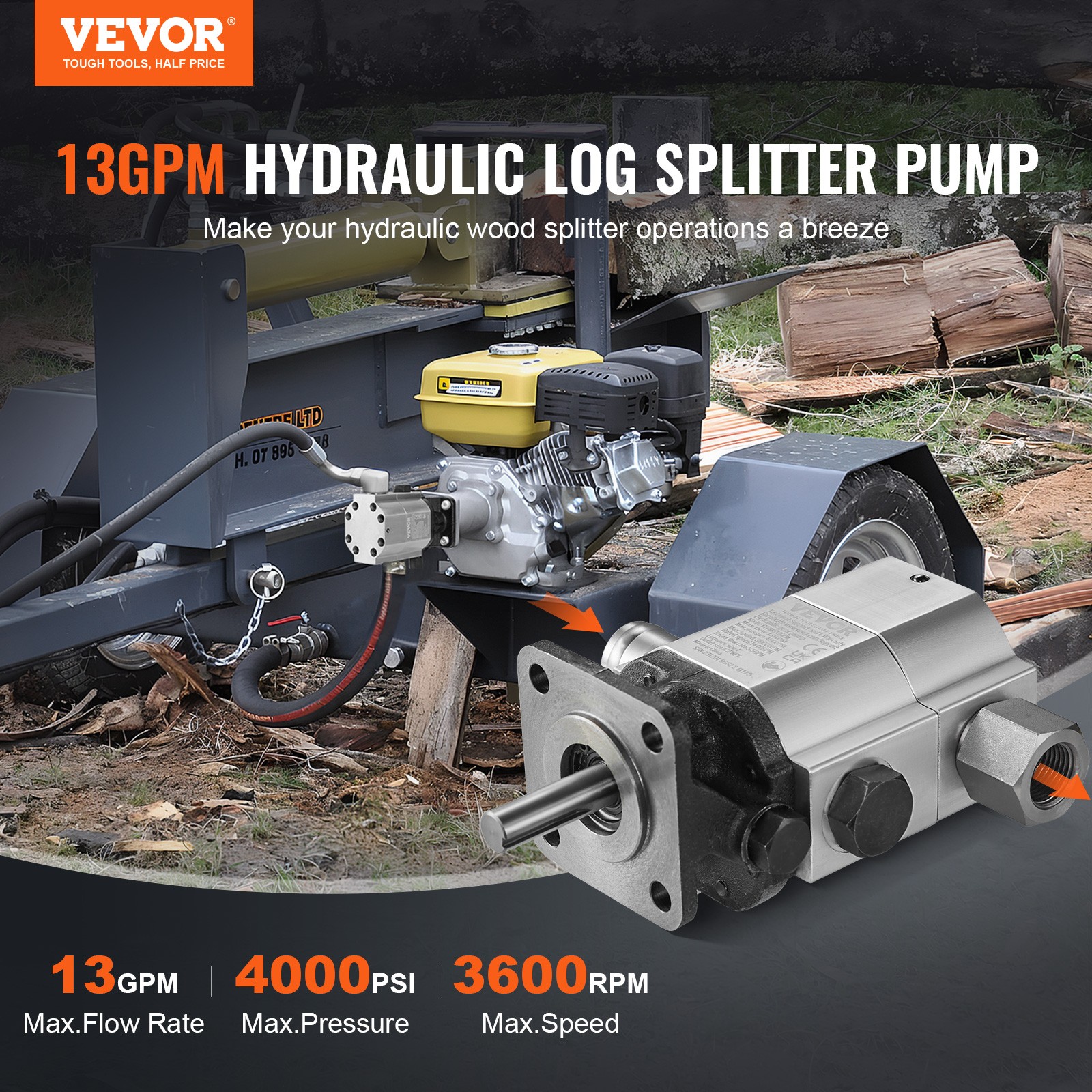VEVOR Hydraulic Wood Log Splitter Pump Kit Gear Pump 13GPM 2 Stage with Coupling