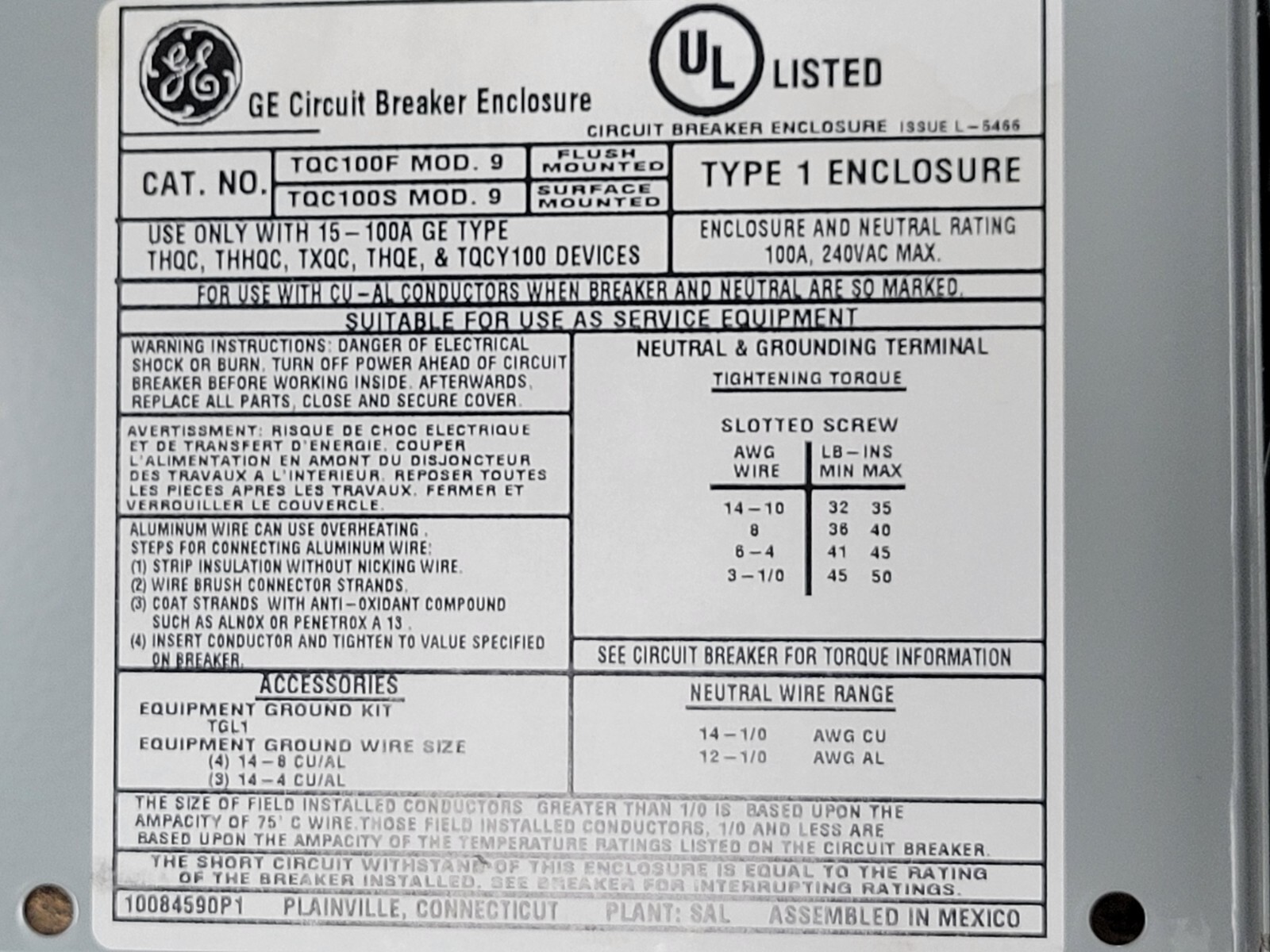 GE TQC100S Circuit Breaker Enclosure 100A 240V 3P Type 1 with THQB230 Breaker