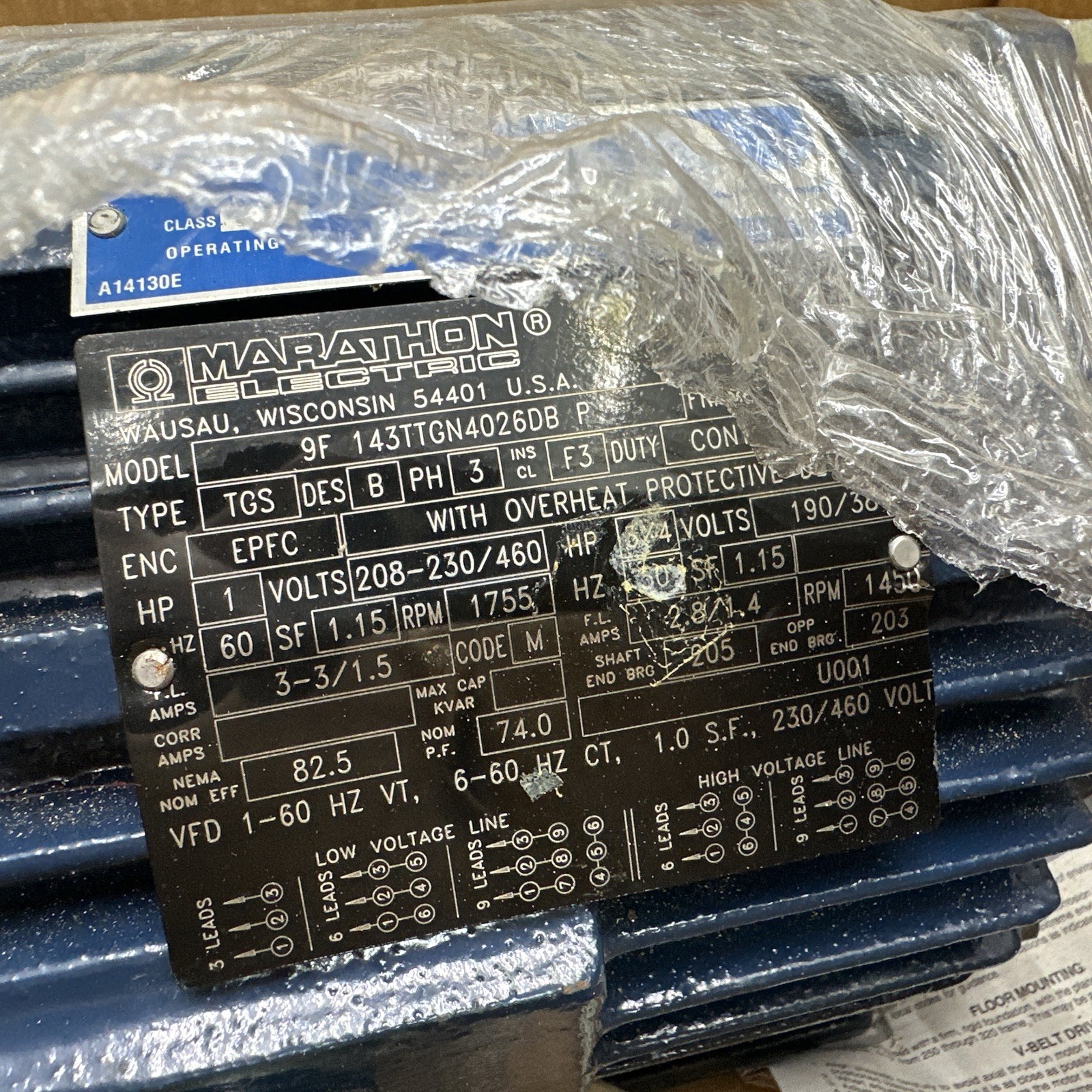 MARATHON Electric 143TTGN4026 1HP/0.75HP Blue Chip Severe Duty 1755/1450RPM 🇺🇸