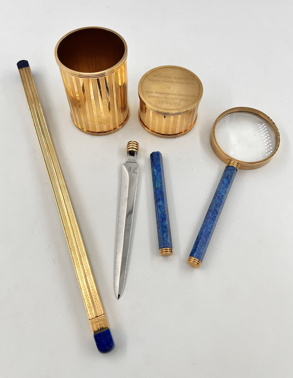 RARE DUNHILL PARIS FRANCE COLLECTION GOLD & LAPIS LAZULI DESK SET + ACCERSSORIES