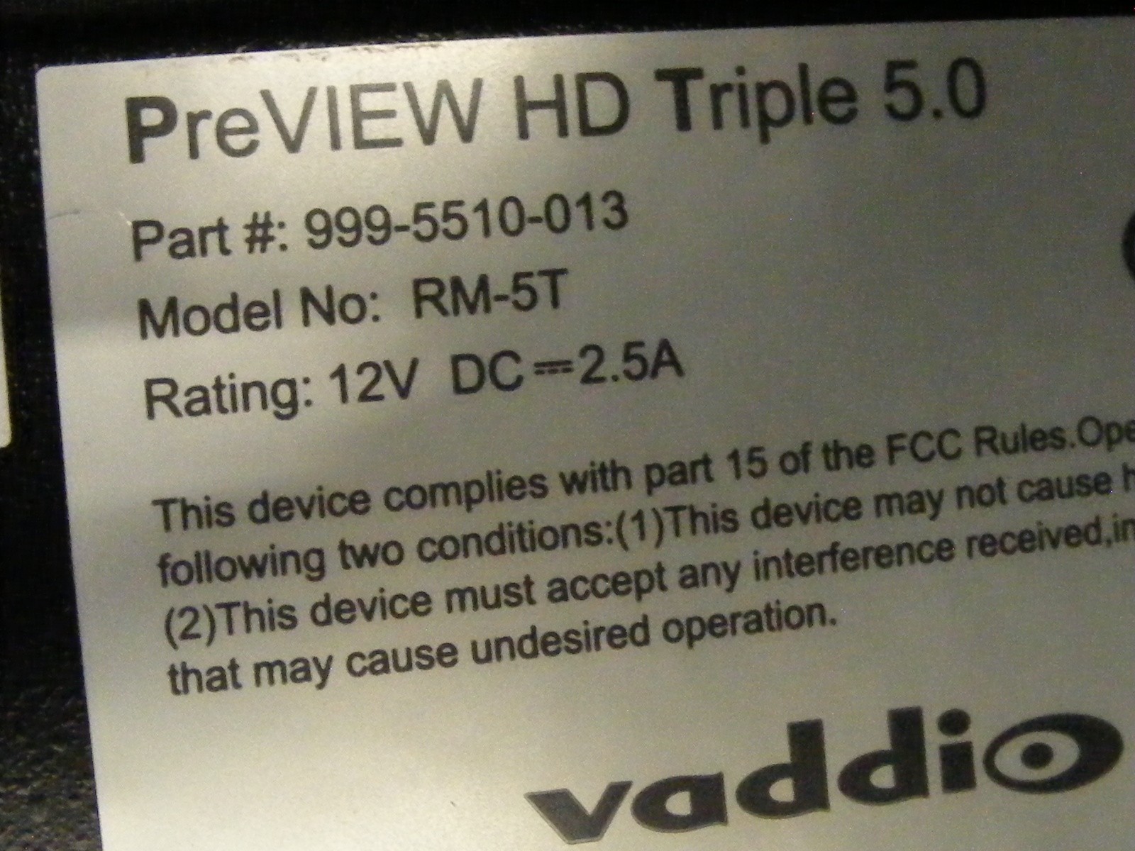 Vaddio RM5T PreVIEW HD Triple 5.0 999-5510-013