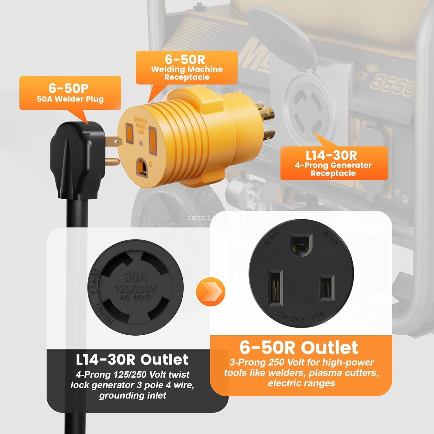 NEMA L14-30P to 6-50R Generator to Welder Adapter 30 Amp 4 Prong Lock Male Plug