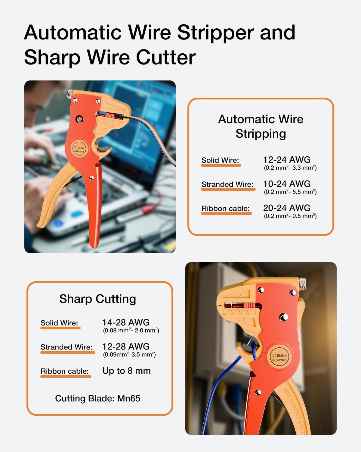 Professional Quick Strip Wire Stripper and Cutter, 2 in 1 Adjustable Tool, Red