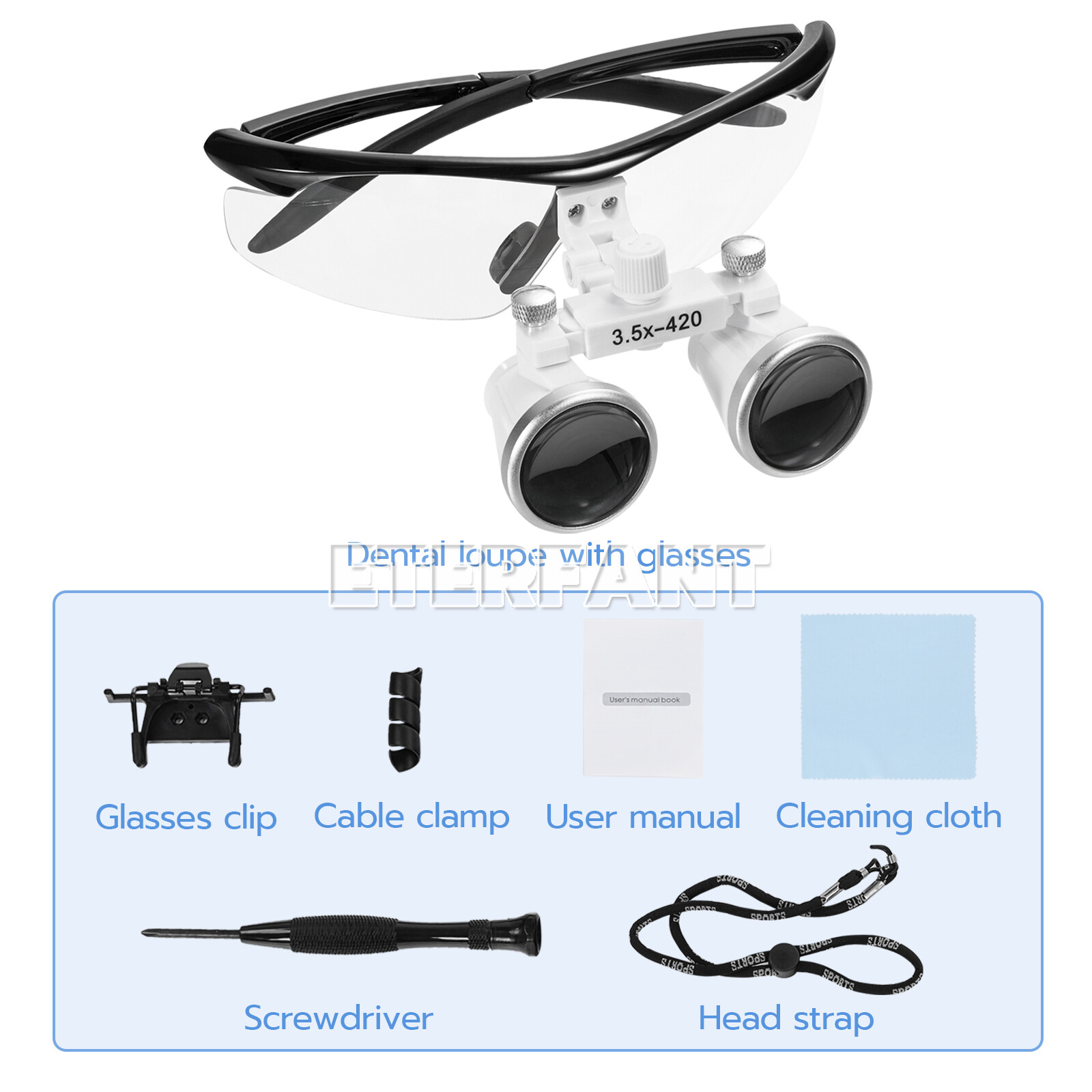 ETERFANT Dental 3.5x Magnifier Binocular Loupes+3W LED Head Light Lamp Medical