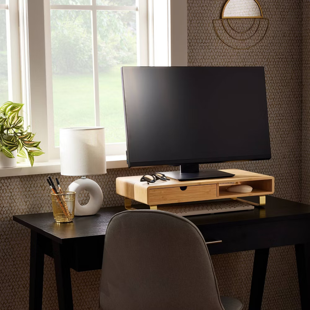 Threshold Wood Metal Drawer Modern Brown Desktop Organizer USB Wireless Charging