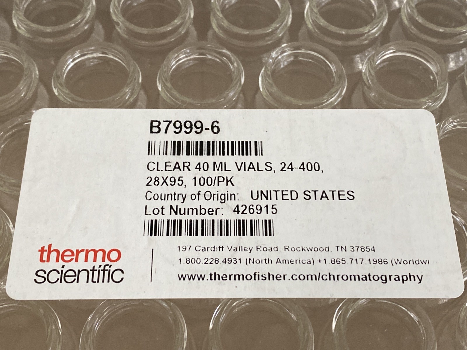 (100/Pk) THERMO 40mL Clear Glass Vials 28x95mm 24-400 Thread B7999-6