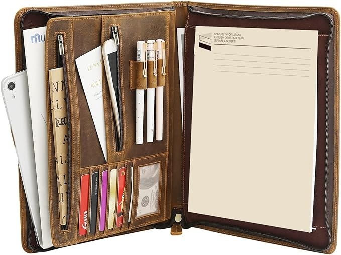 Leather Portfolio Organizer with Zipper 10×13 Inches Padfolio Business Notebook