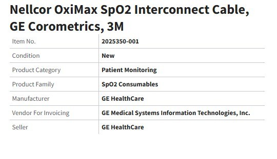 ⭐ GE SpO2 INTERCONNECT CABLE NELLCOR OXIMAX 10ft REF 2025350-001 NEW WITH MANUAL