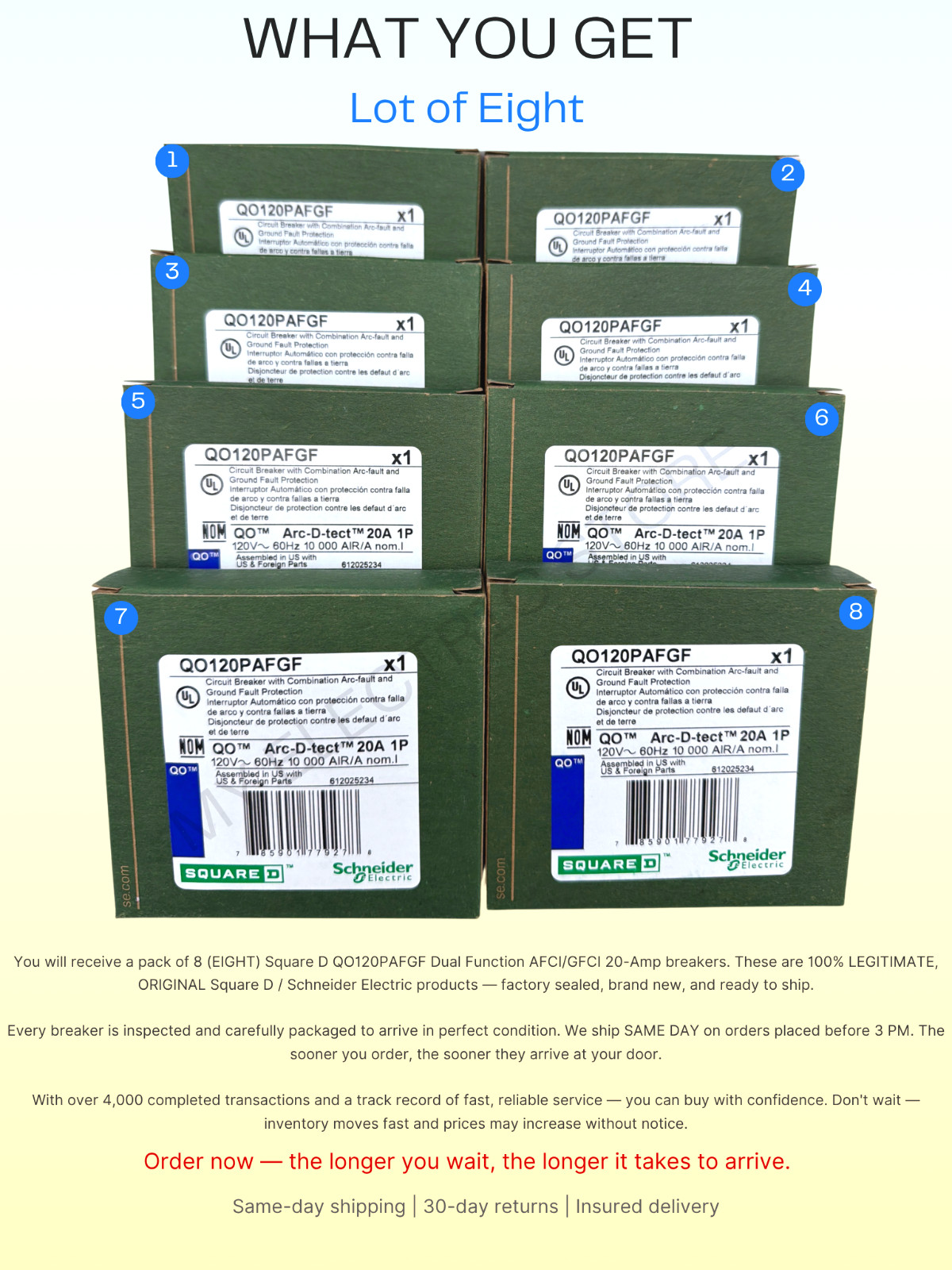 8 PCS QO120PAFGF SQUARE D QO 1P 20A AF/GF DUAL-FUNCTION CIRCUIT BREAKER