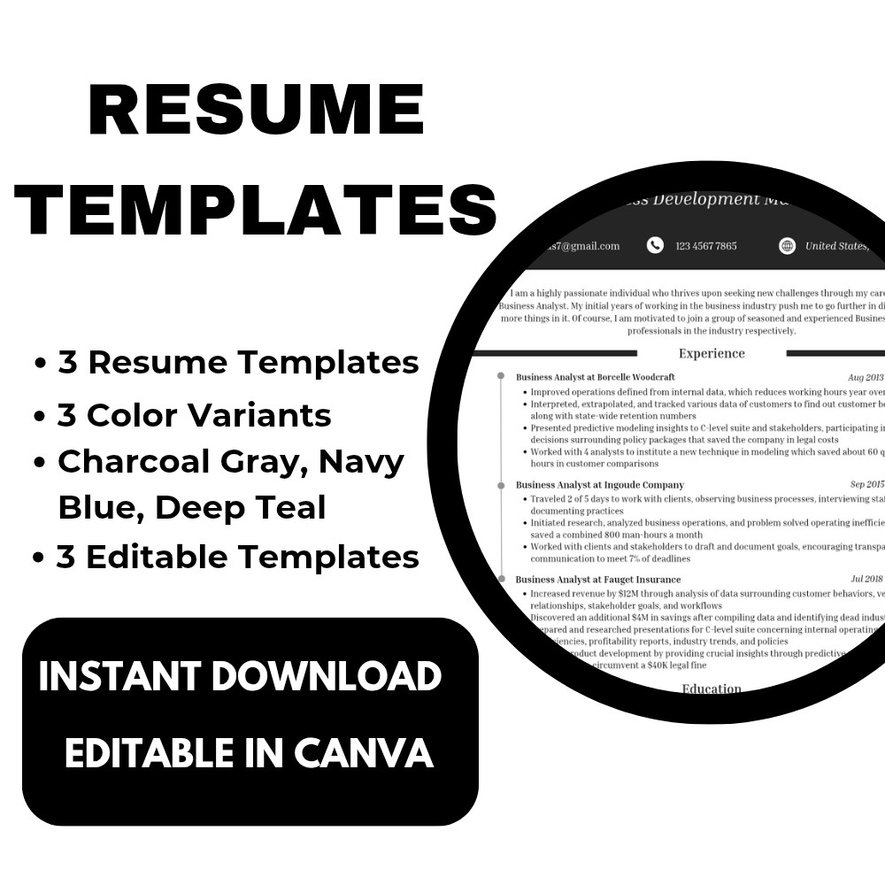 Business Finance Resume CV Template | Canva Editable | 3 Colors | ATS Friendly