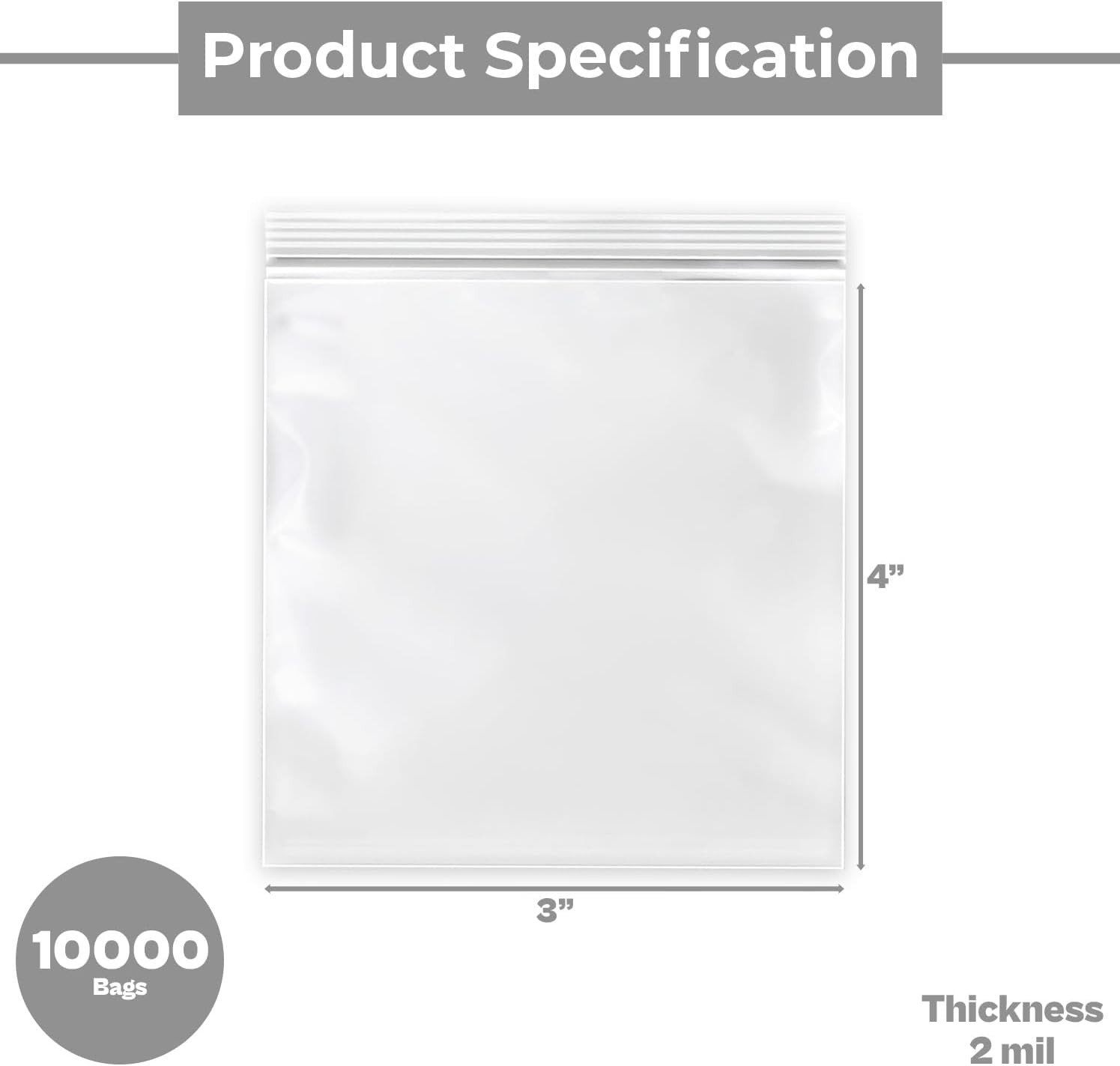 PSBM 10000 Count 2 Mil 3 Inch X 4 Inch, Reclosable Poly Bags, Clear Zip Plastic