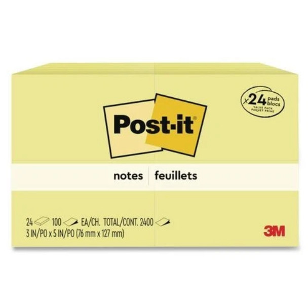 Post-it Notes Pads in Canary Yellow, Value PK, 3″x5″, 100 Sheets/Pad, 24 Pads/PK