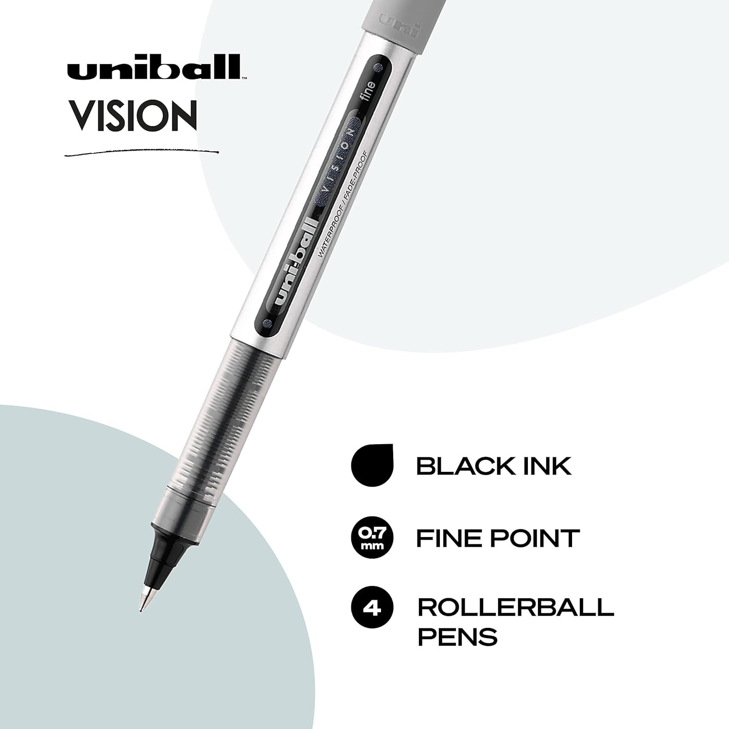 Uniball Vision Rollerball Pens with 0.7mm Fine Point, Black, 4 Count