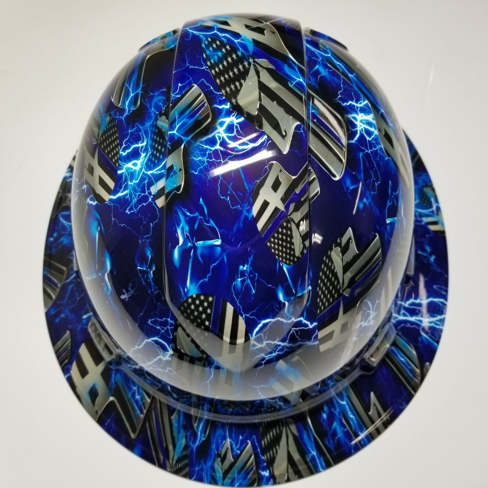 full brim hard hat custom hydro dipped IN BLUE LINE ICE SKULLS BLUE LIGHTNING