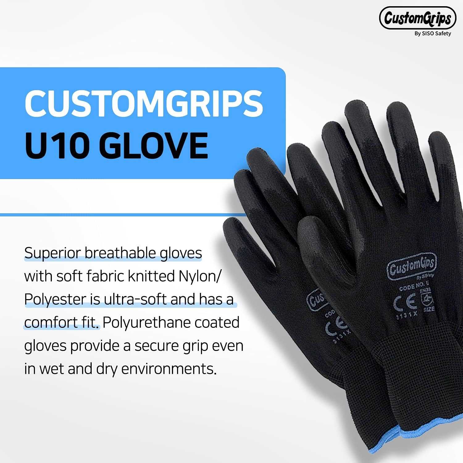 CustomGrips Cut Resistant Work Gloves, Black Nylon Liner, Ultra-Thin Breathable