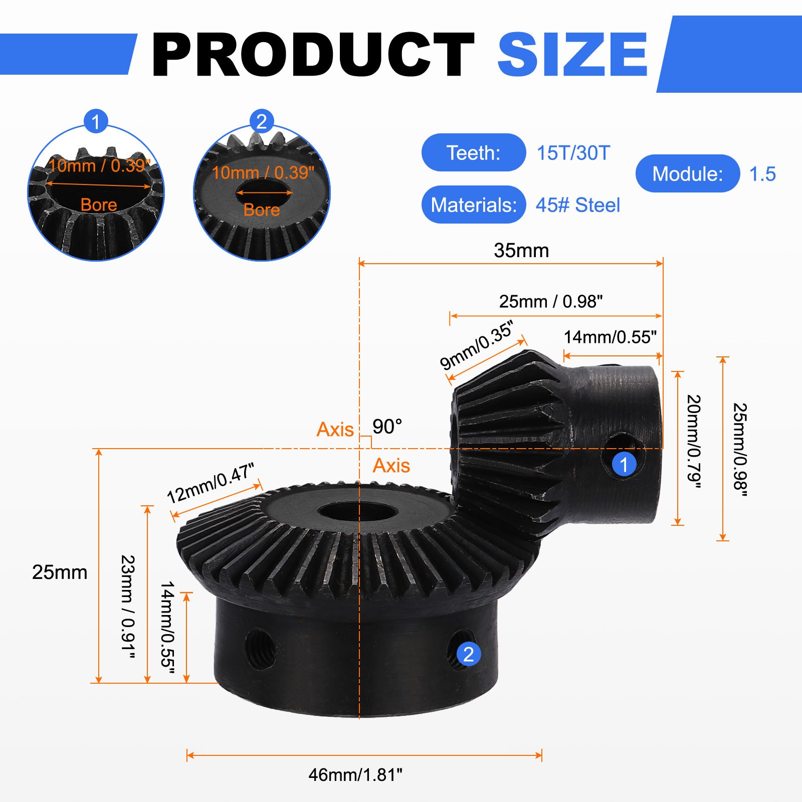 2Pcs Tapered Bevel Gear Set, 1.5 m 1:2 (15T/30T) Bevel Gear(10/10mm Shaft Hole)