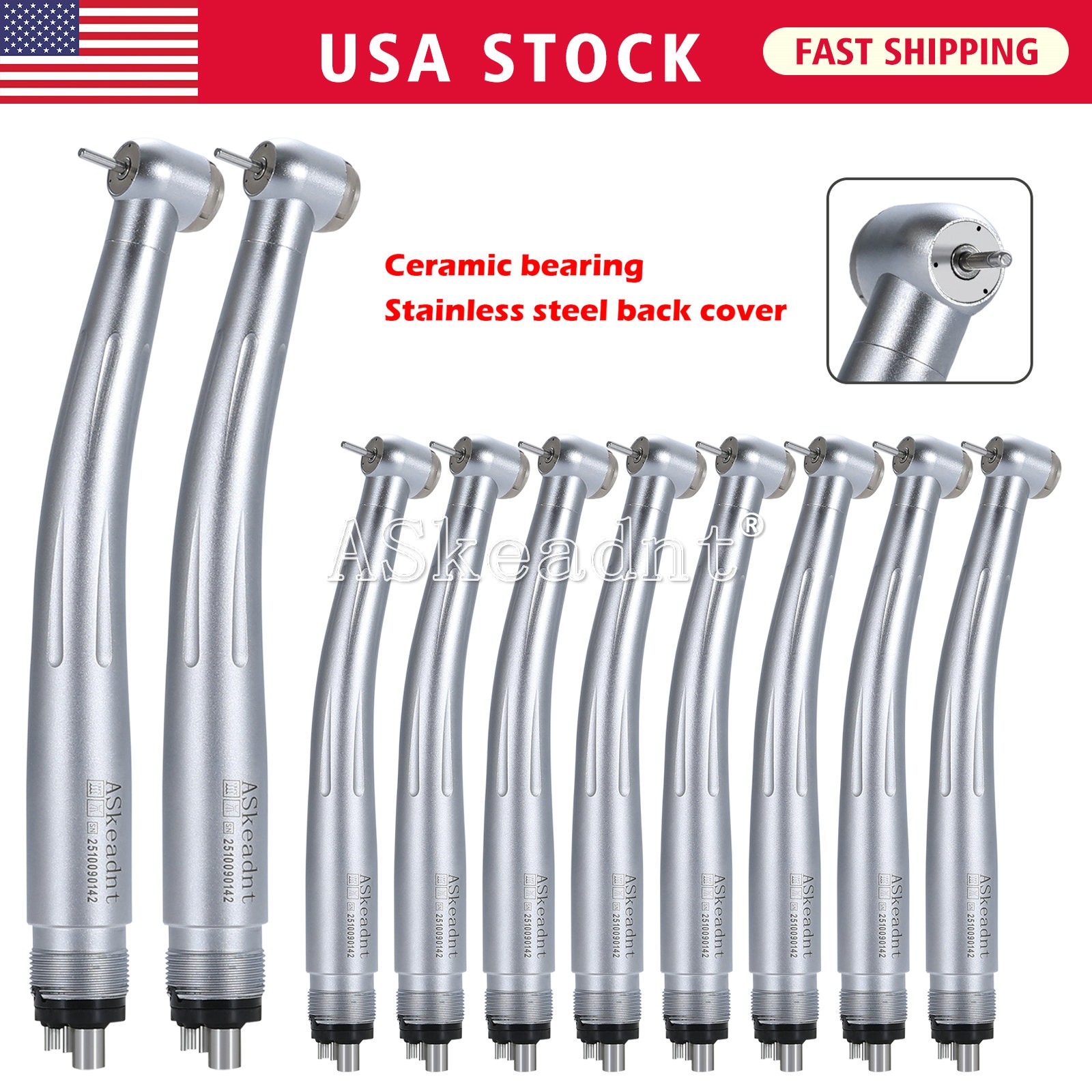 Dental High Speed Handpiece 3 Water Spray Ceramic Bearing 4 Holes ASKEADNT