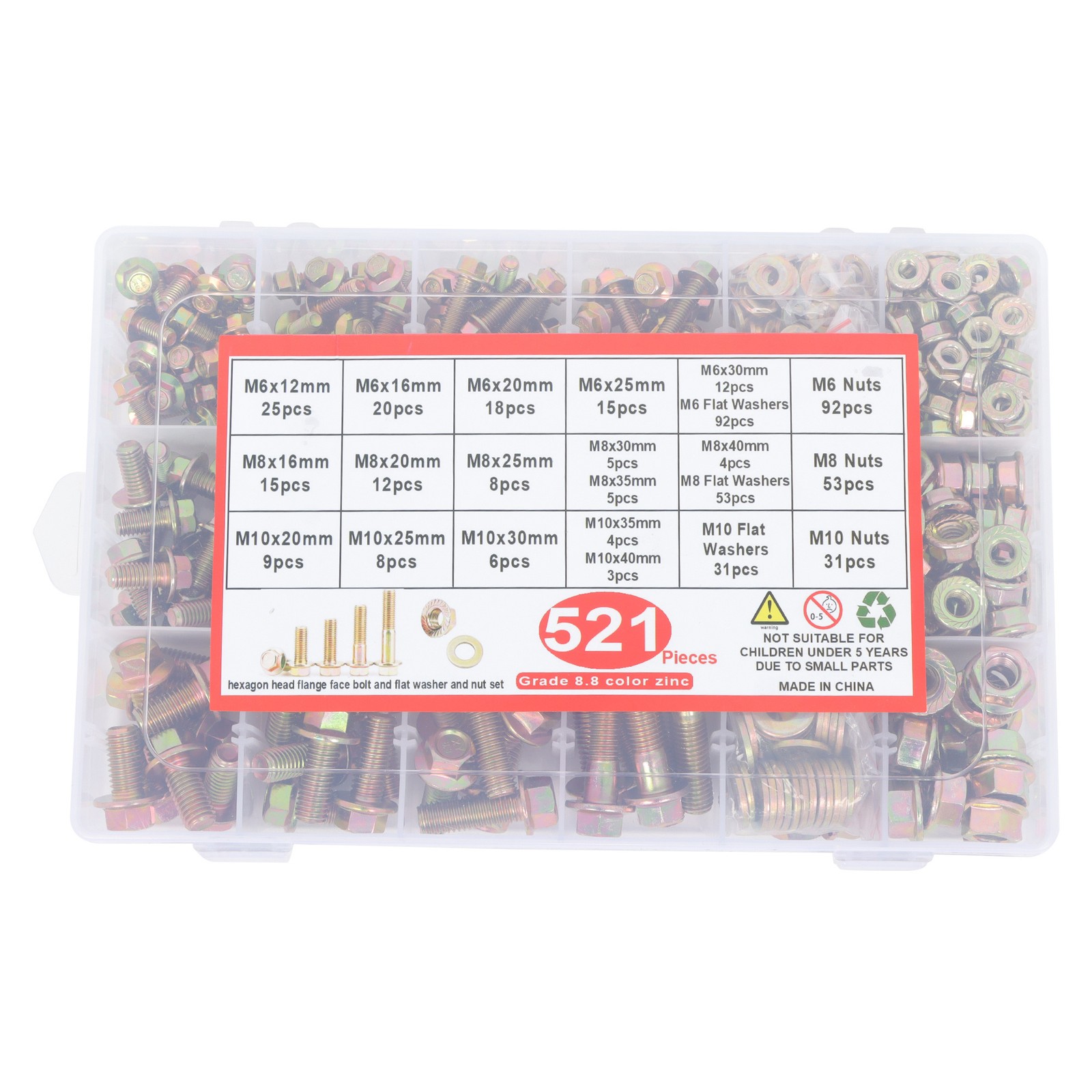 521PCS M6 M8 M10 Flange Bolts Assortment Kit 8.8 Grade Alloy Steel