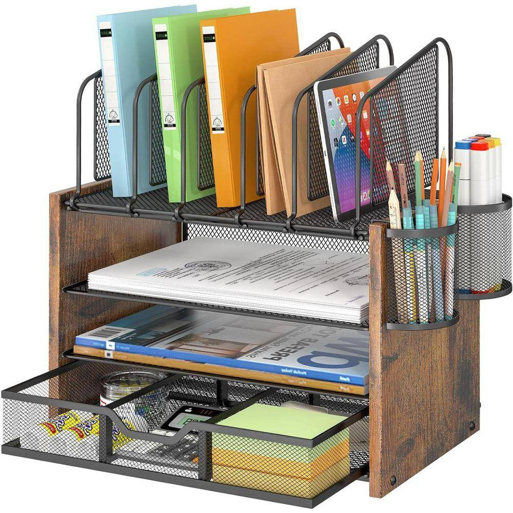 Brown 13.5 In. X 16.3 In. Metal Desk Organizers with 5 Vertical File Holders and
