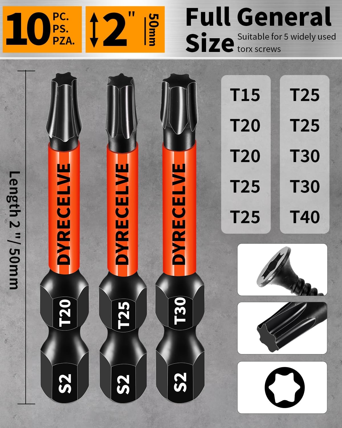 DYRECELVE Impact Torx Bit Set T15 T20 T25 T30 10 Pcs T15-T40 Bits, Black